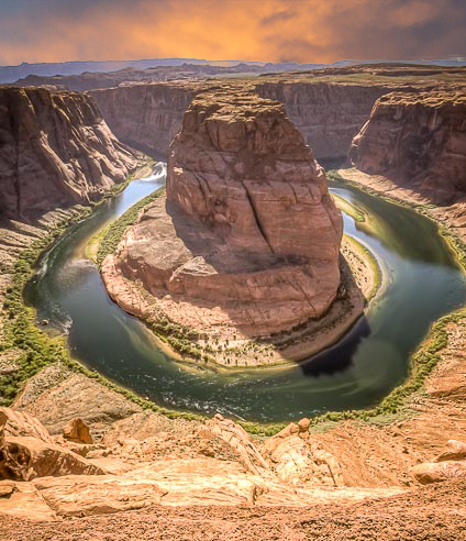 Horseshoe Bend is a horseshoe-shaped incised meander of the Colorado River located near the town of Page, Arizona. The overlook is 4,200 feet above sea level, and the Colorado River is at 3,200 feet above sea level, making it a 1,000-foot drop.