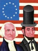 Two historical men in front of American flag