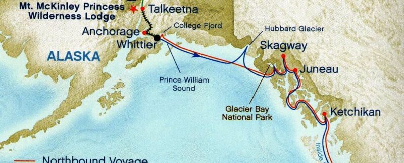 Alaska cruise route map from Vancouver to Fairbanks
